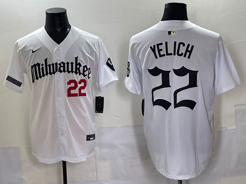 Men 2025 Milwaukee Brewers #22 Yelich White Five generations Joint Name Nike MLB Jersey style 06->milwaukee brewers->MLB Jersey